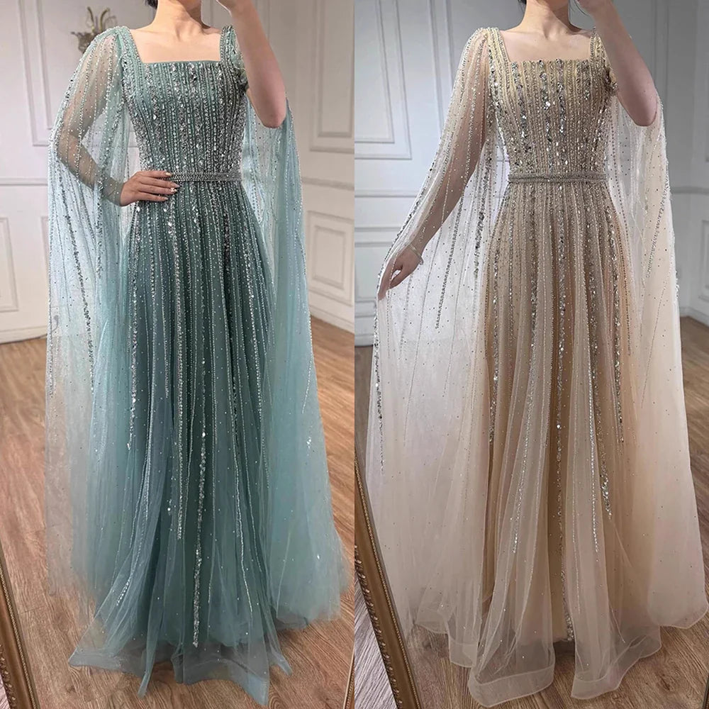 Luxury Dubai Square Neck Beaded Evening Gown with Cape LA73188 - SERENE HILL