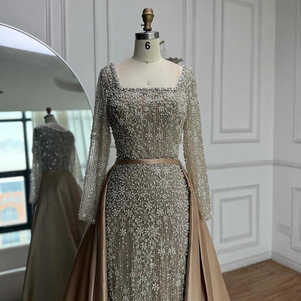 Luxury  Dubai Arabic Muslim Caramel Mermaid Beaded Evening Gown with Overskirt LA72533A