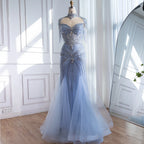 Luxury Dubai Beaded Blue Pink Evening Dress with Tassel Cape LA72897B - SERENE HILL