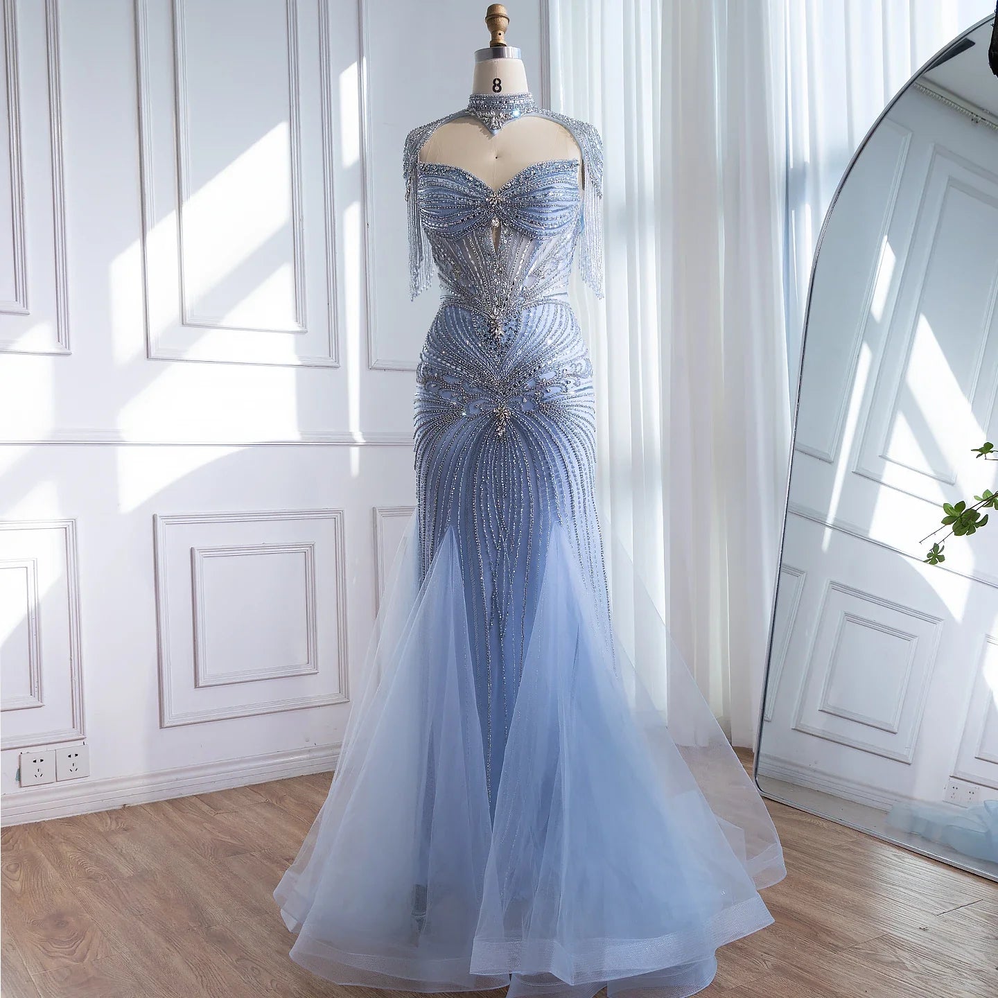 Luxury Dubai Beaded Blue Pink Evening Dress with Tassel Cape LA72897B - SERENE HILL