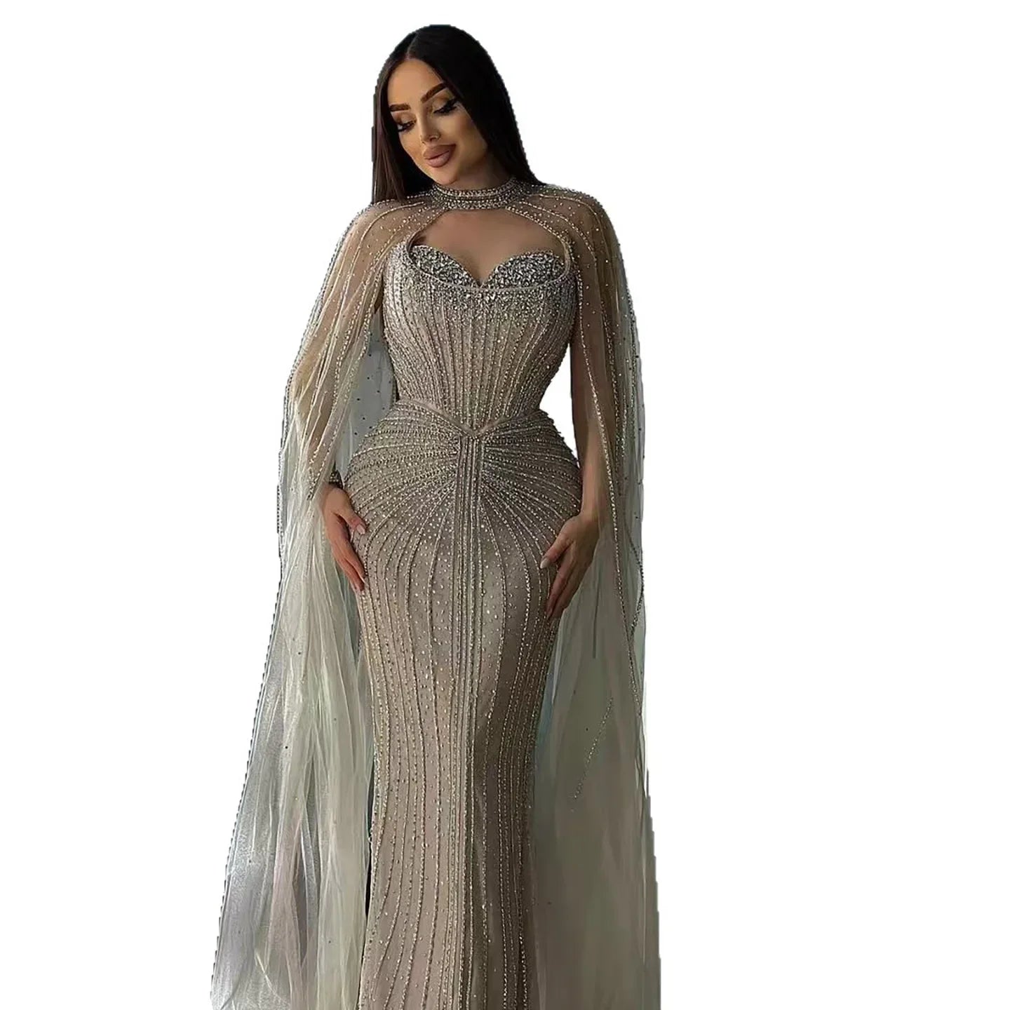 Luxury Dubai Caramel Beaded Evening Dress With Cape LA72811C - SERENE HILL