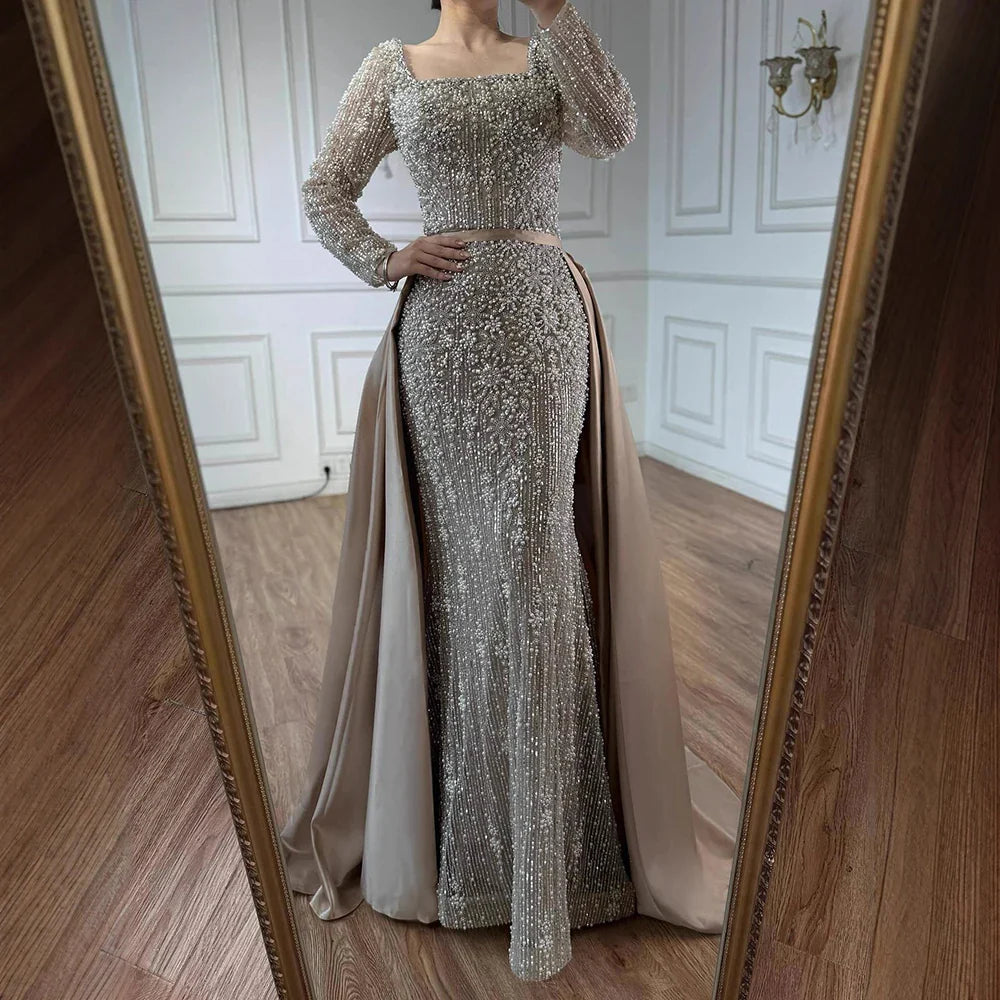 Luxury  Dubai Arabic Muslim Caramel Mermaid Beaded Evening Gown with Overskirt LA72533A