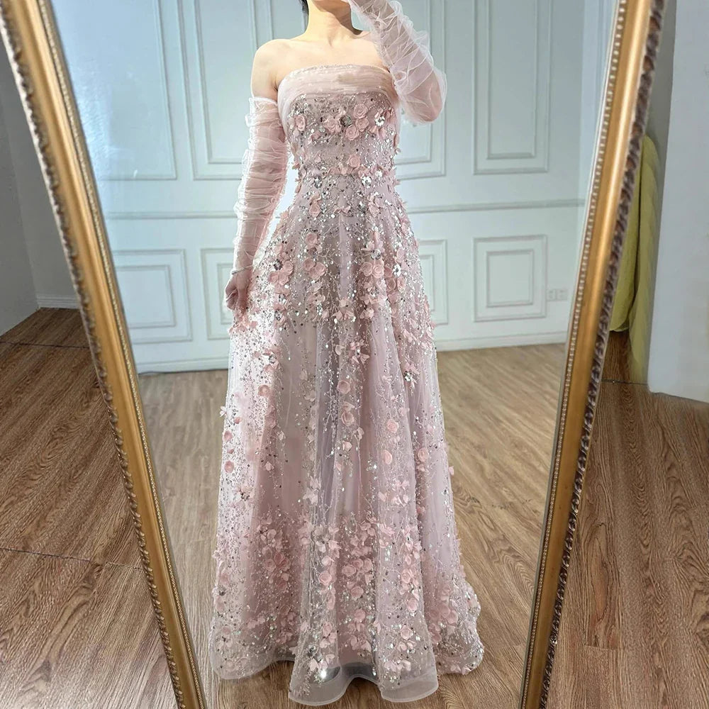 Elegant Pink 3D Flowers Evening Dress with Gloves LA72912