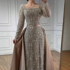 Luxury  Dubai Arabic Muslim Caramel Mermaid Beaded Evening Gown with Overskirt LA72533A