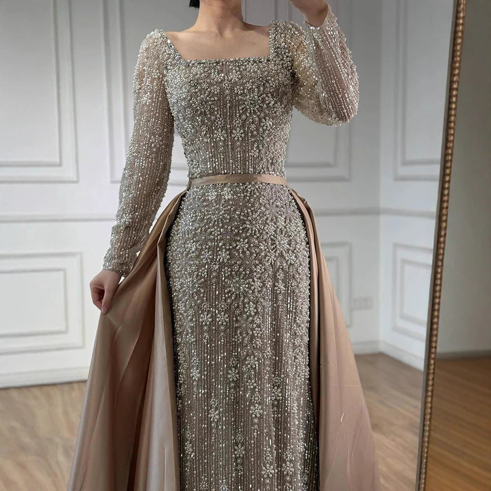 Luxury  Dubai Arabic Muslim Caramel Mermaid Beaded Evening Gown with Overskirt LA72533A