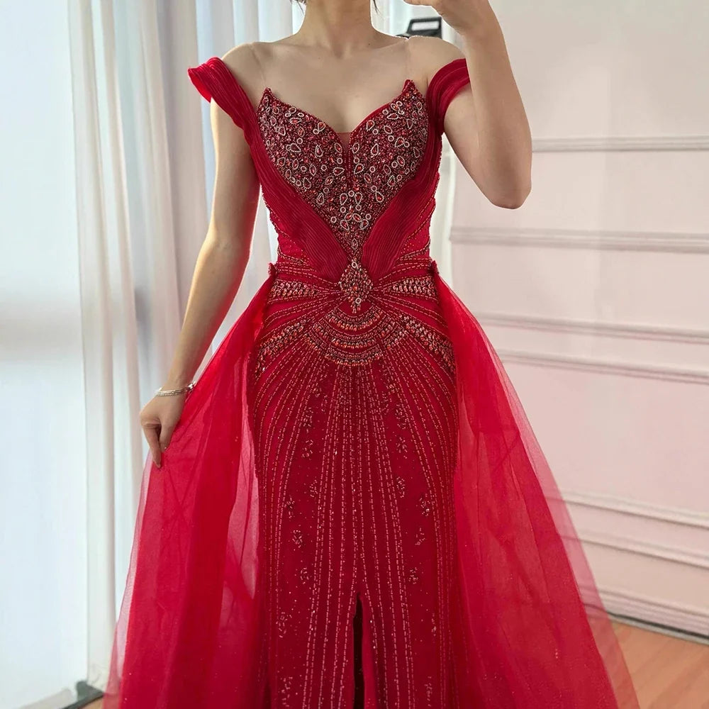 Luxury Nude Beaded Mermaid Evening Dress with Overskirt and Slit LA73034