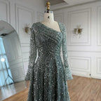 Luxury Turquoise Beaded A-Line Evening Dress with Puffy Sleeves LA73177