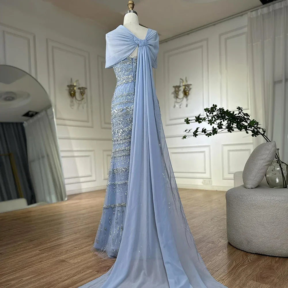 Luxury Sage Green Beaded Evening Dress with Cape LA72126B