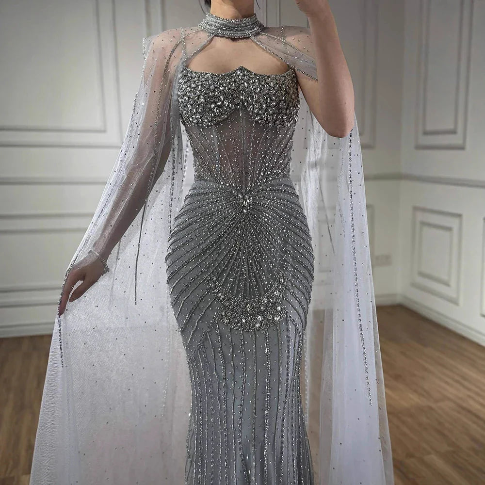 Luxury Turquoise Crystal Beaded Evening Dress with Cape LA73202 - SERENE HILL