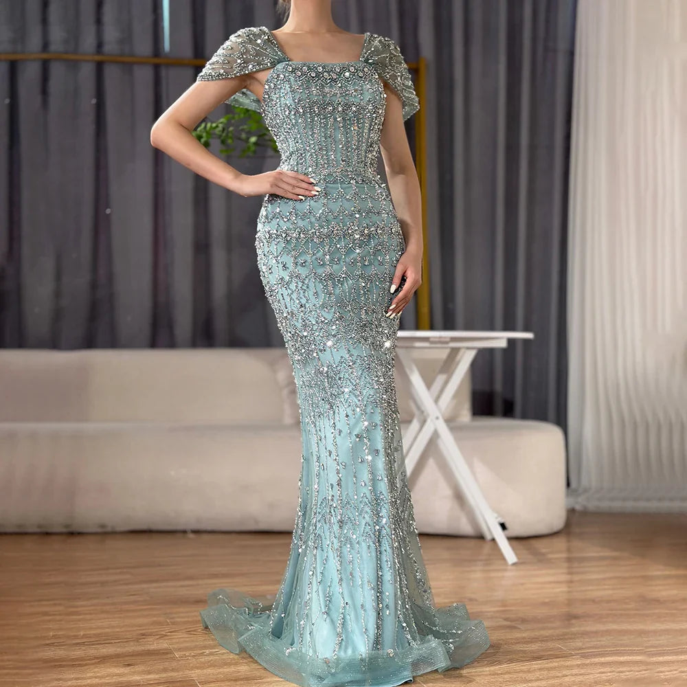 Luxury Dubai White Mermaid Beaded Evening Dress with  Cape Sleeves LA72714