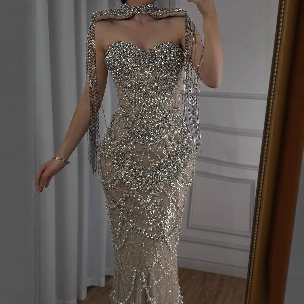 Nude Luxury Beaded Evening Dress with Tassel Short Cape LA72876