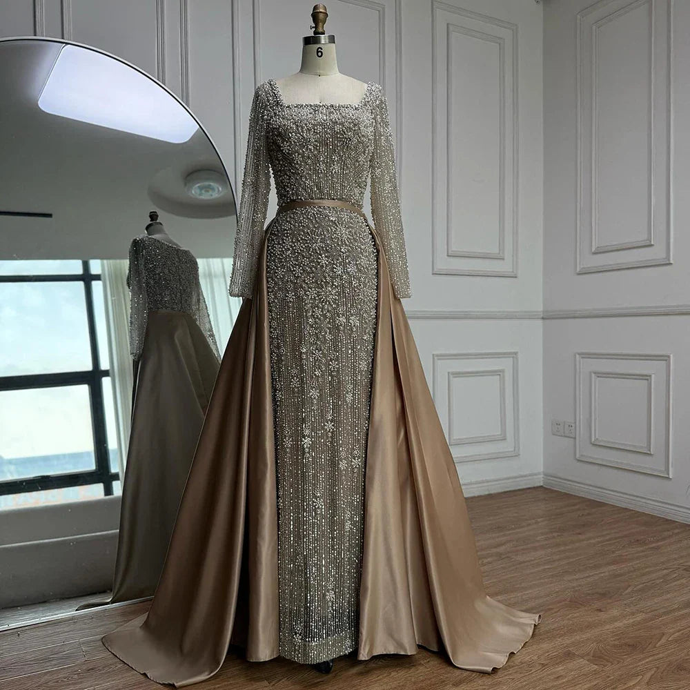 Luxury  Dubai Arabic Muslim Caramel Mermaid Beaded Evening Gown with Overskirt LA72533A