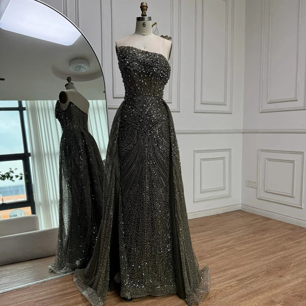 Luxury Olive Green Beaded Mermaid Evening Dress with Overskirt LA73164