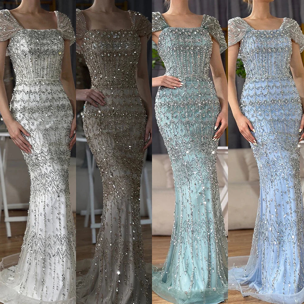 Luxury Dubai White Mermaid Beaded Evening Dress with  Cape Sleeves LA72714