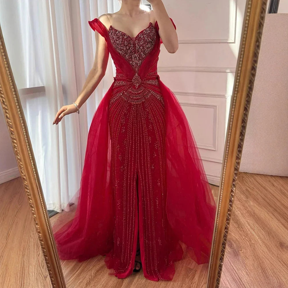 Luxury Nude Beaded Mermaid Evening Dress with Overskirt and Slit LA73034