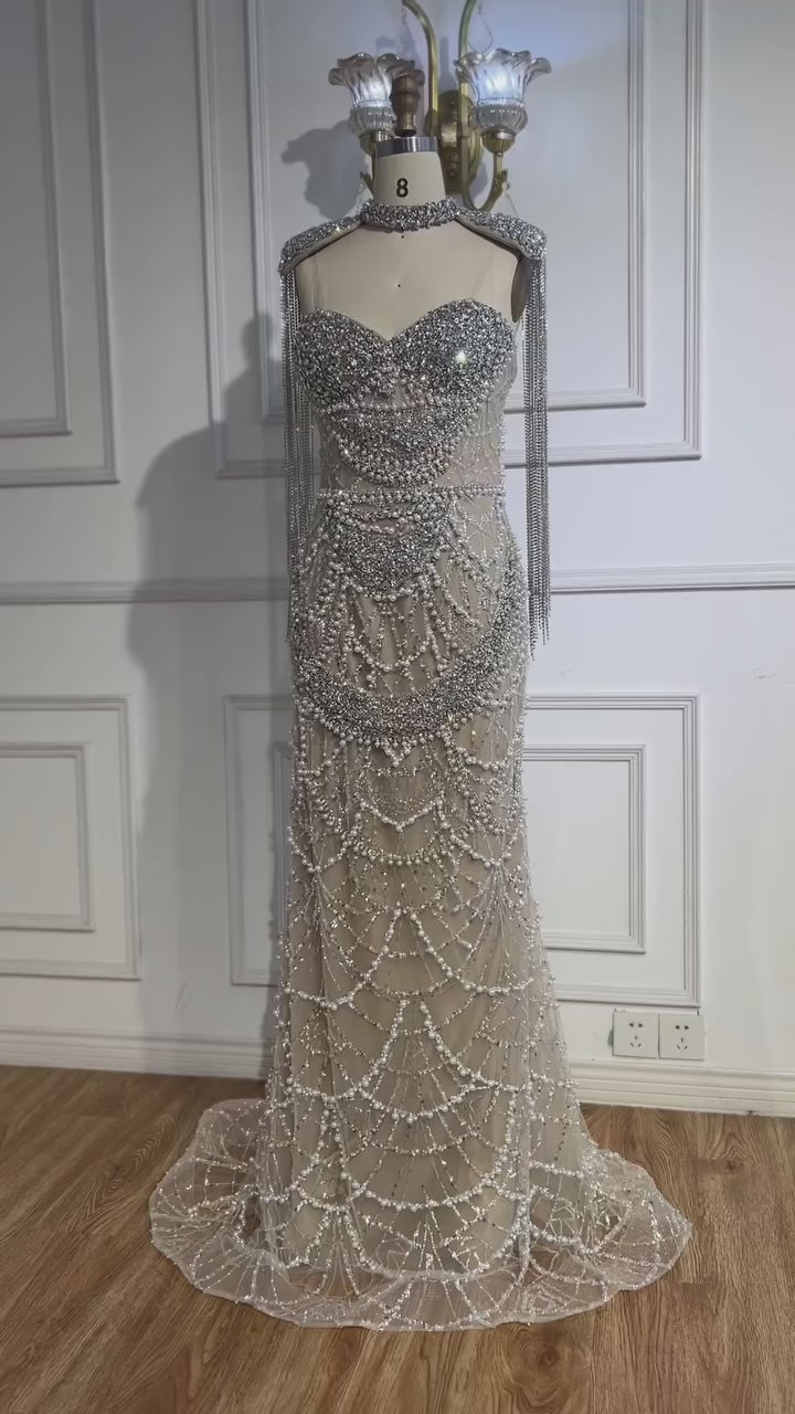 Nude Luxury Beaded Evening Dress with Tassel Short Cape LA72876