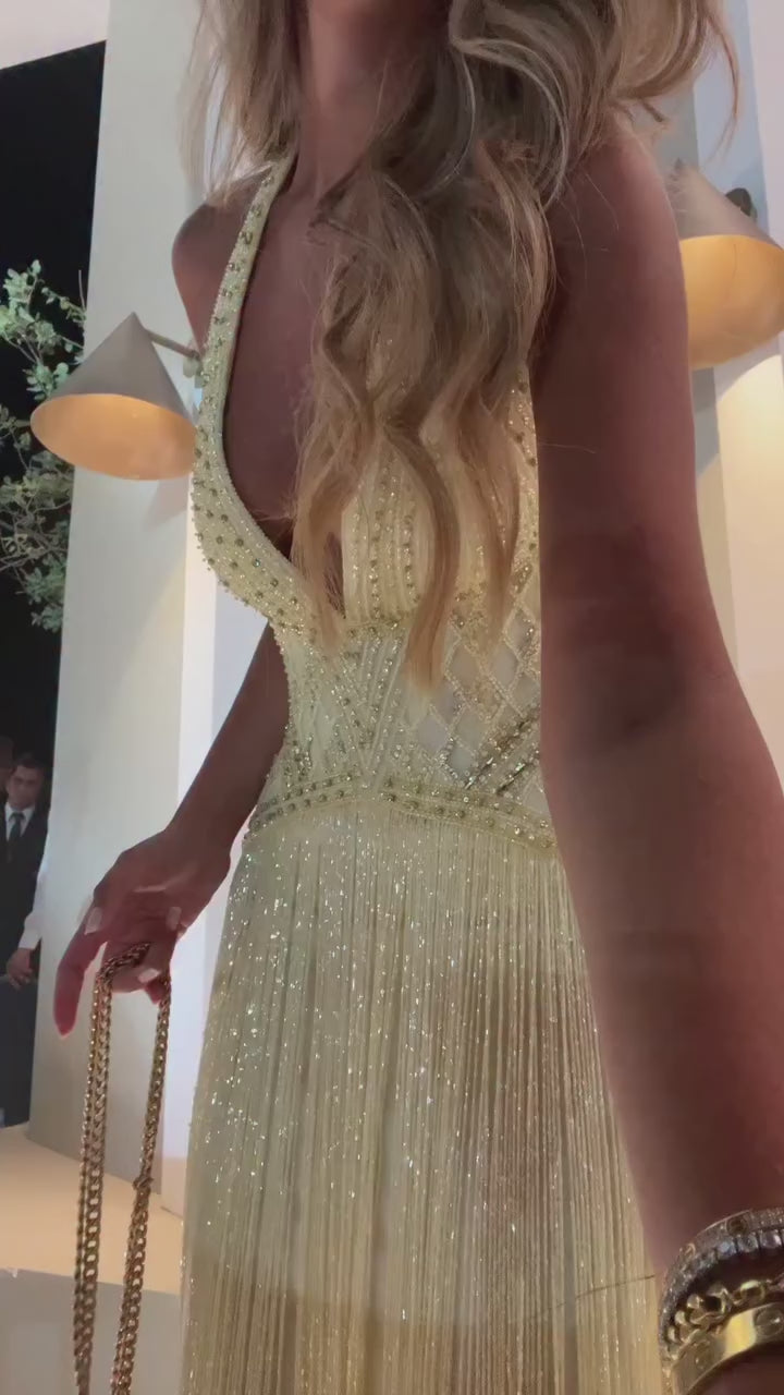Luxury Butter Yellow Halter Fringe Evening Dress LA73765