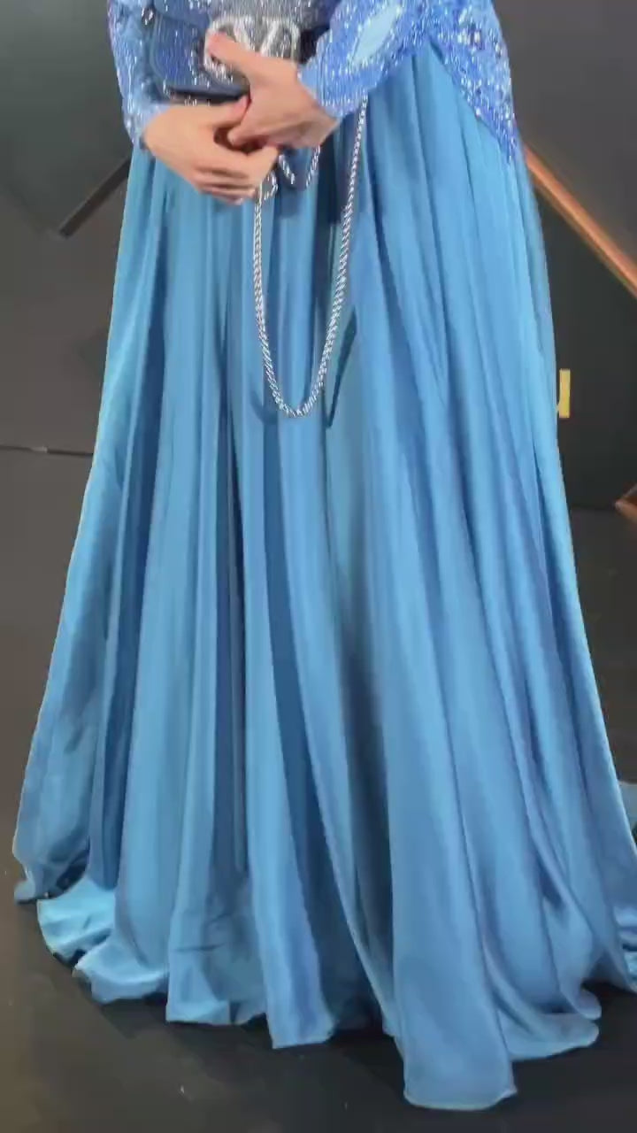 Green Modest Elegant Beaded Evening Dress with Long Sleeves LA72962