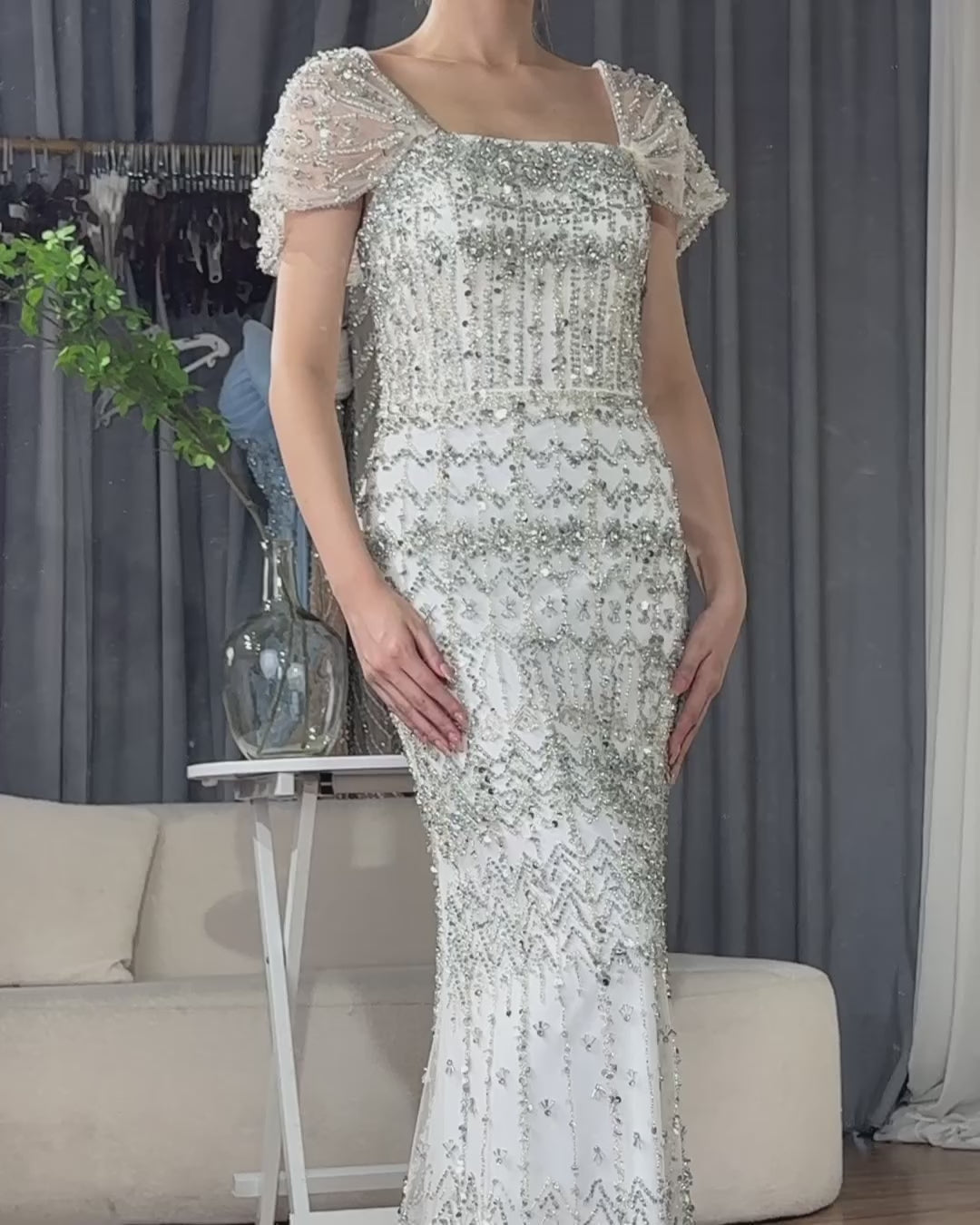 Luxury Dubai White Mermaid Beaded Evening Dress with  Cape Sleeves LA72714