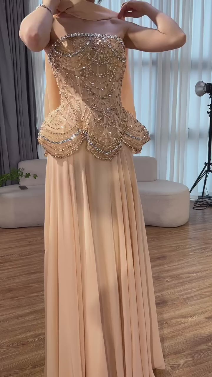 Luxury Designer Nude Beaded Chiffon Evening Dress LA72915
