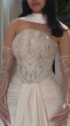 White Satin Beaded Evening Dress with Gloves LA73086