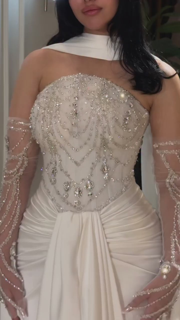 White Satin Beaded Evening Dress with Gloves LA73086