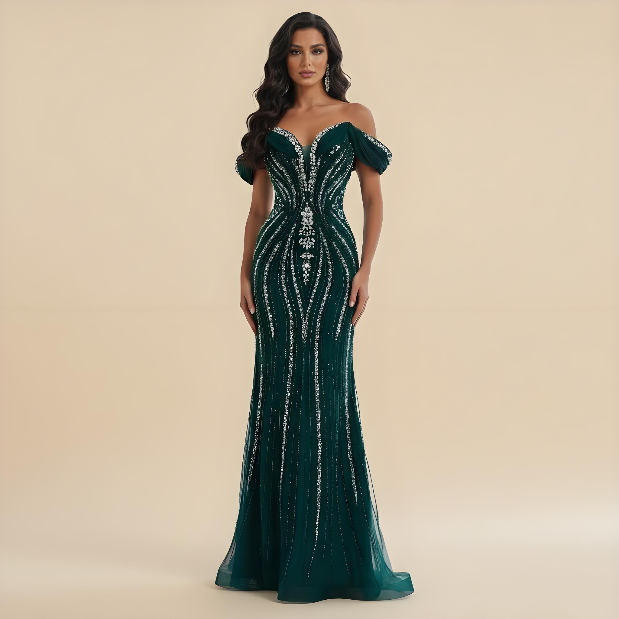 Luxury Green Gold Beaded Dubai Designer Mermaid Evening Dress LA73142 - SERENE HILL