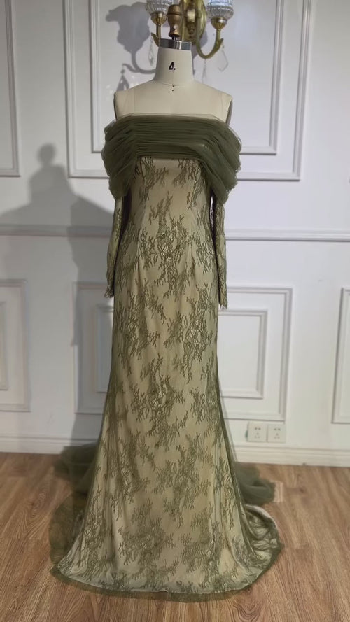 Elegant Olive Green Evening Dress with Lace Sleeves LA72942