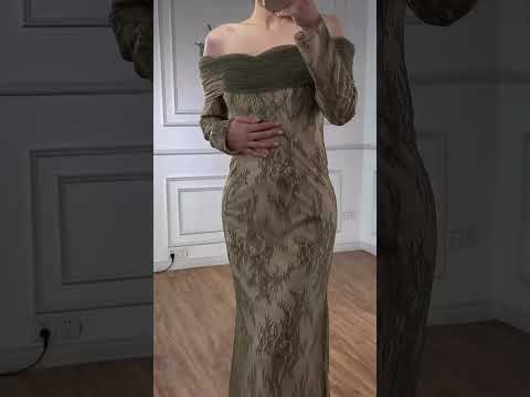 Elegant Olive Green Evening Dress with Lace Sleeves LA72942