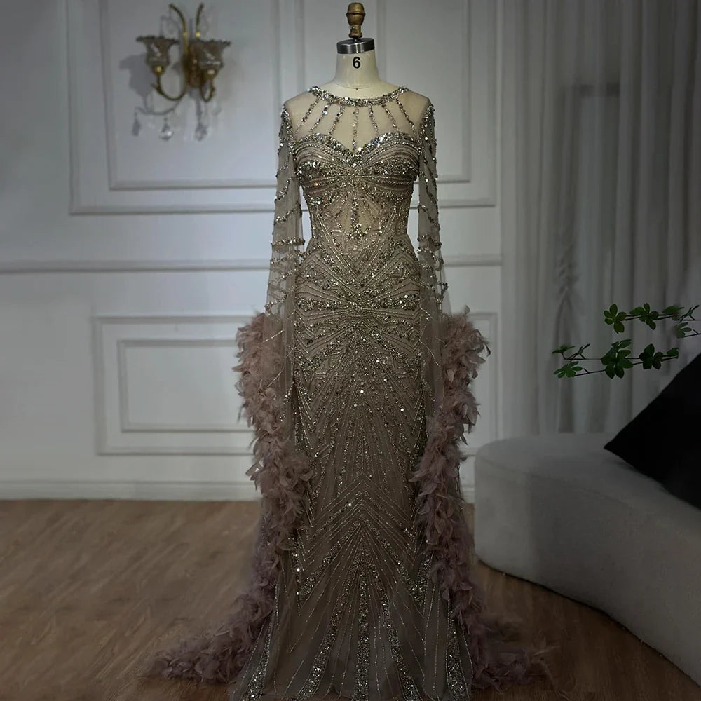 Modest Pink Feathers Long Cape Sleeves Mermaid Evening Dress LA72708A