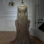 Modest Pink Feathers Long Cape Sleeves Mermaid Evening Dress LA72708A