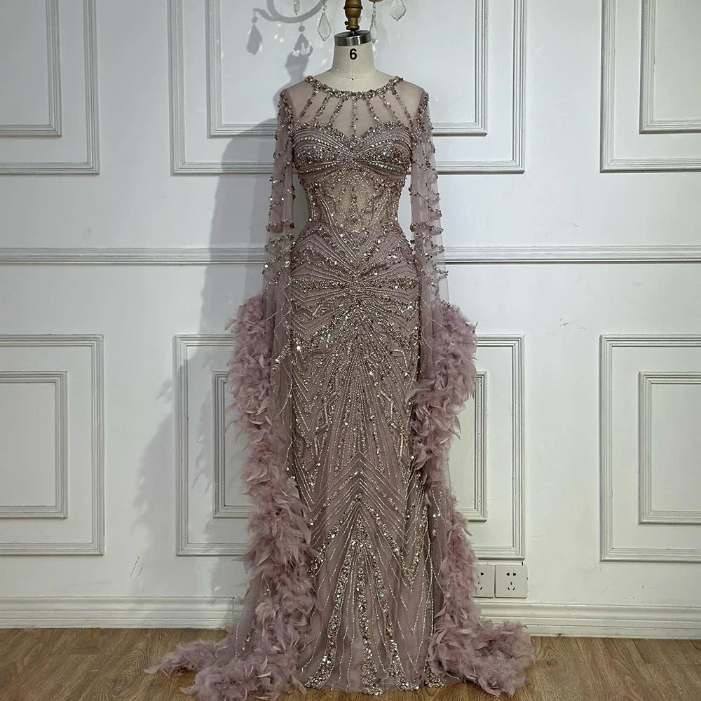 Modest Pink Feathers Long Cape Sleeves Mermaid Evening Dress LA72708A