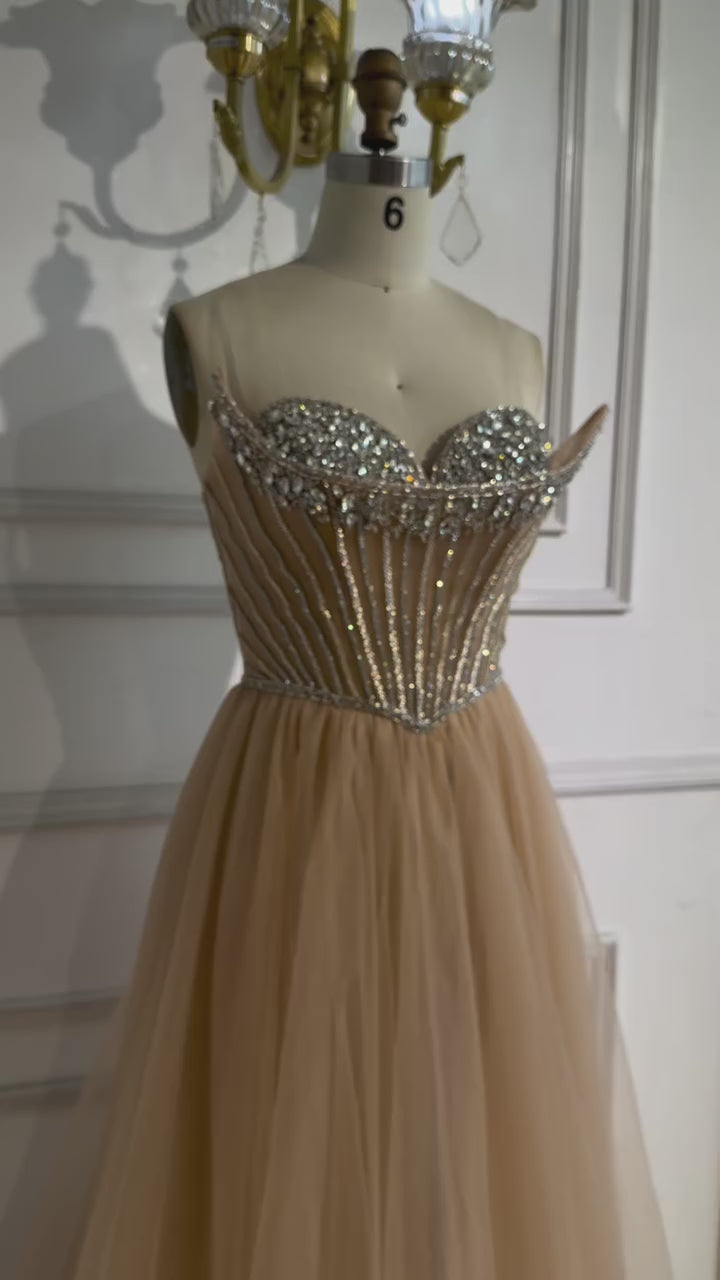 Blue Beaded A-line Strapless Evening Prom Dress LA73178